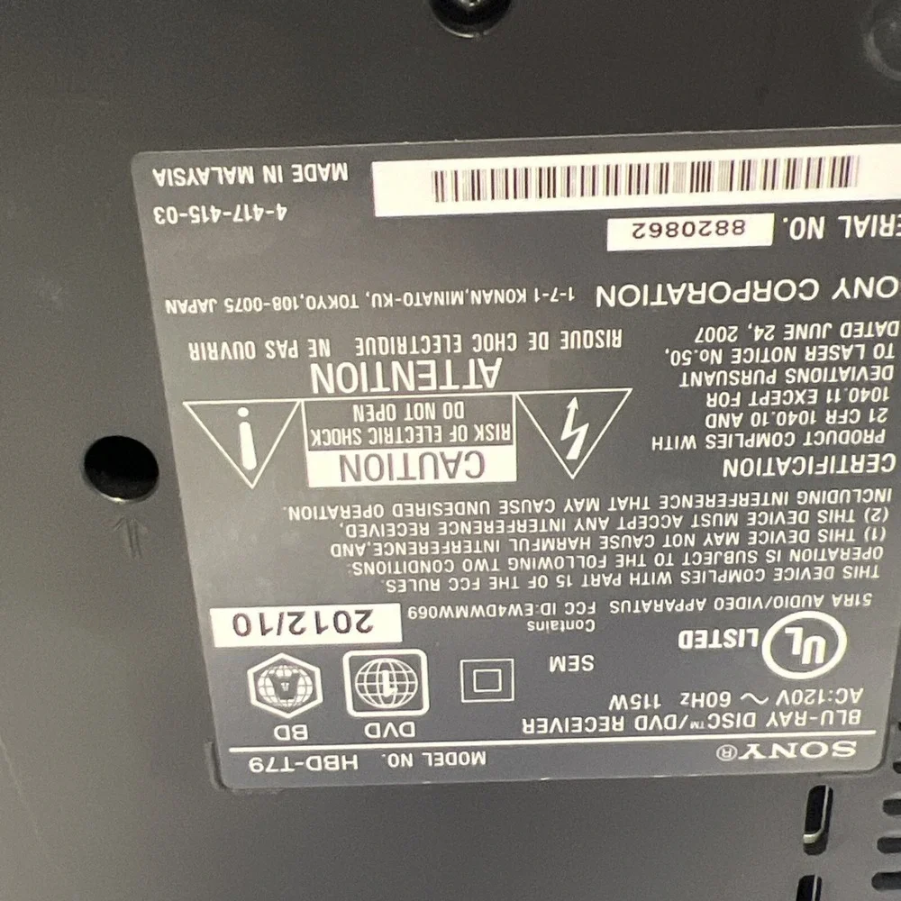 Sony HBD-T79 Blu-Ray/ DVD No Remote Working